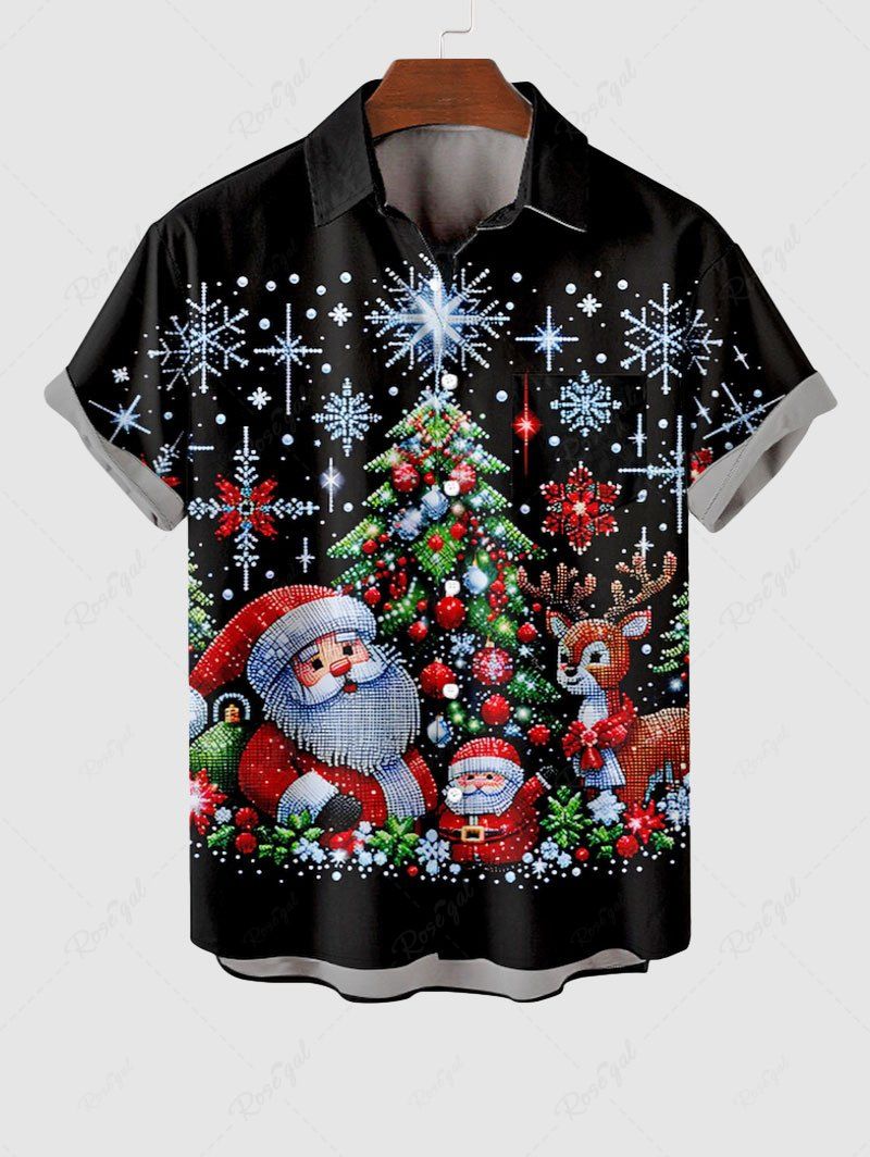 Sale Plus Size Christmas Tree Snowflake Elk Santa Claus Print Button Pocket Shirt For Men  