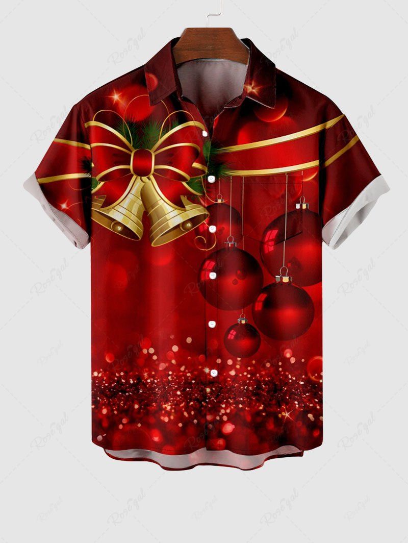 Chemise Boutonnée Boule de Noël Cloche et Paillettes Imprimés de Grande Taille avec Poche Rouge S