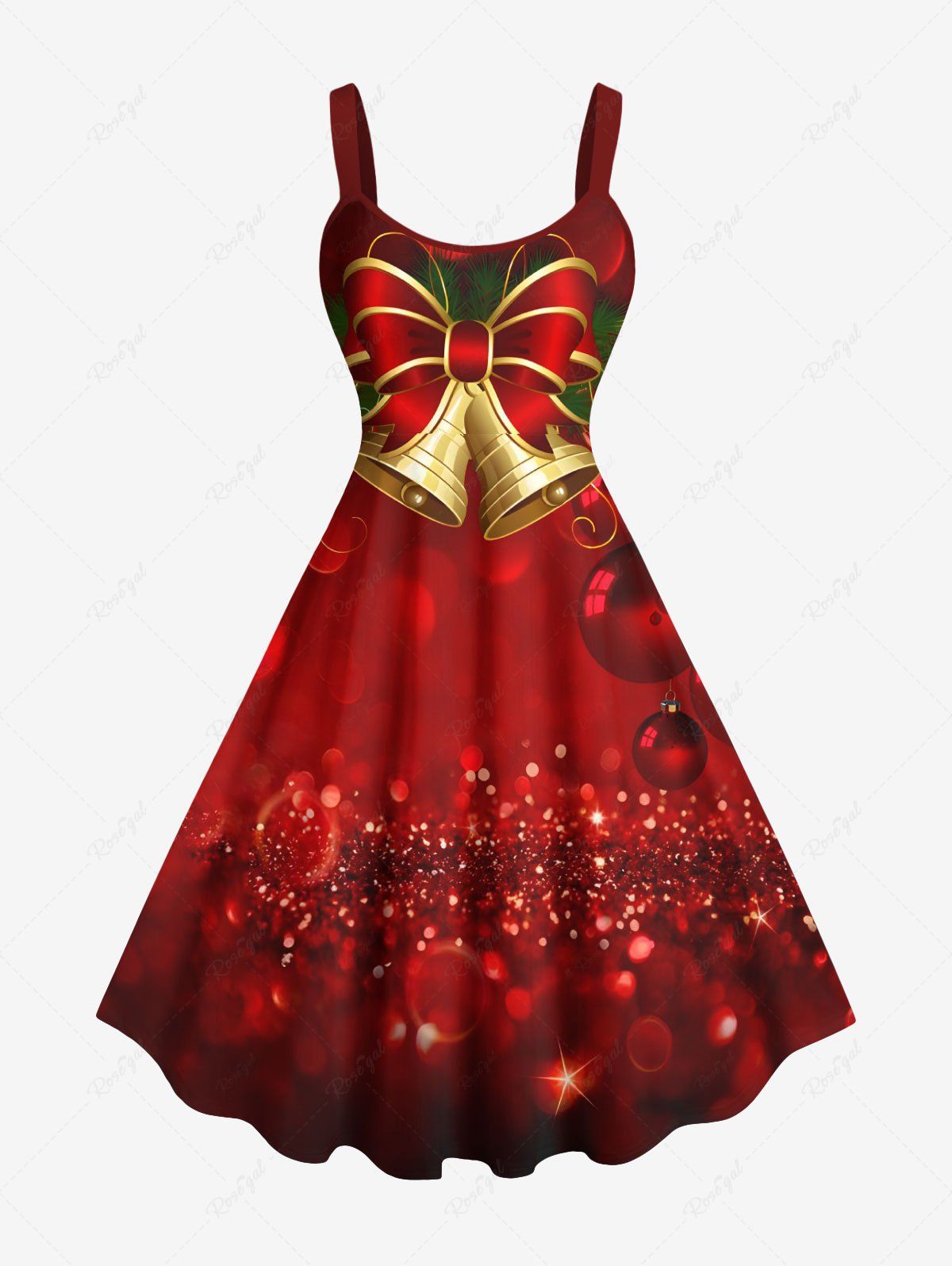Fancy Plus Size Christmas Ball Bell Bowknot Glitter Ombre Print A Line Tank Dress  