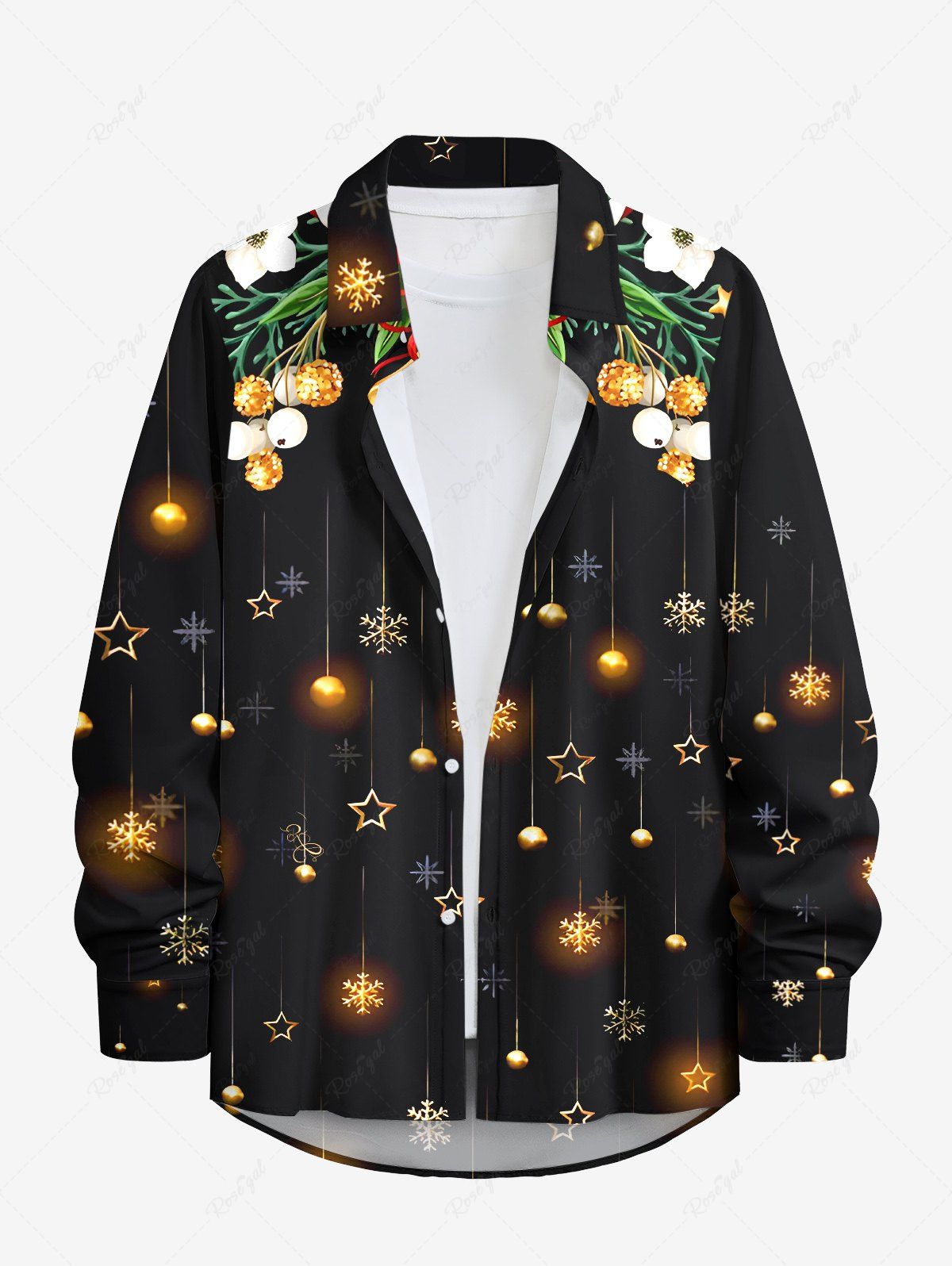 Buy Plus Size Christmas Ball Star Snowflake Bell Print Button Long Sleeves Shirt For Men  