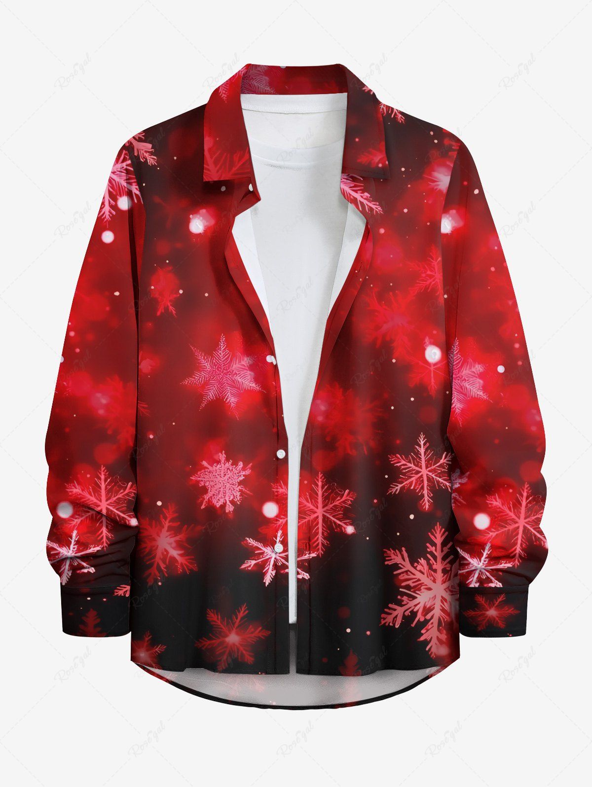 Chemise Boutonnée Teintée Ombré Galaxie et Flocon de Neige de Noël Imprimés à Manches Longues Grande Taille pour Homme Rouge 5XL