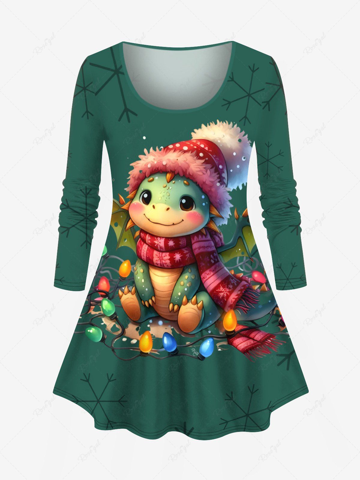 Hot Plus Size Christmas Snowflake Light Cute Dinosaur Print Long Sleeves T-shirt  