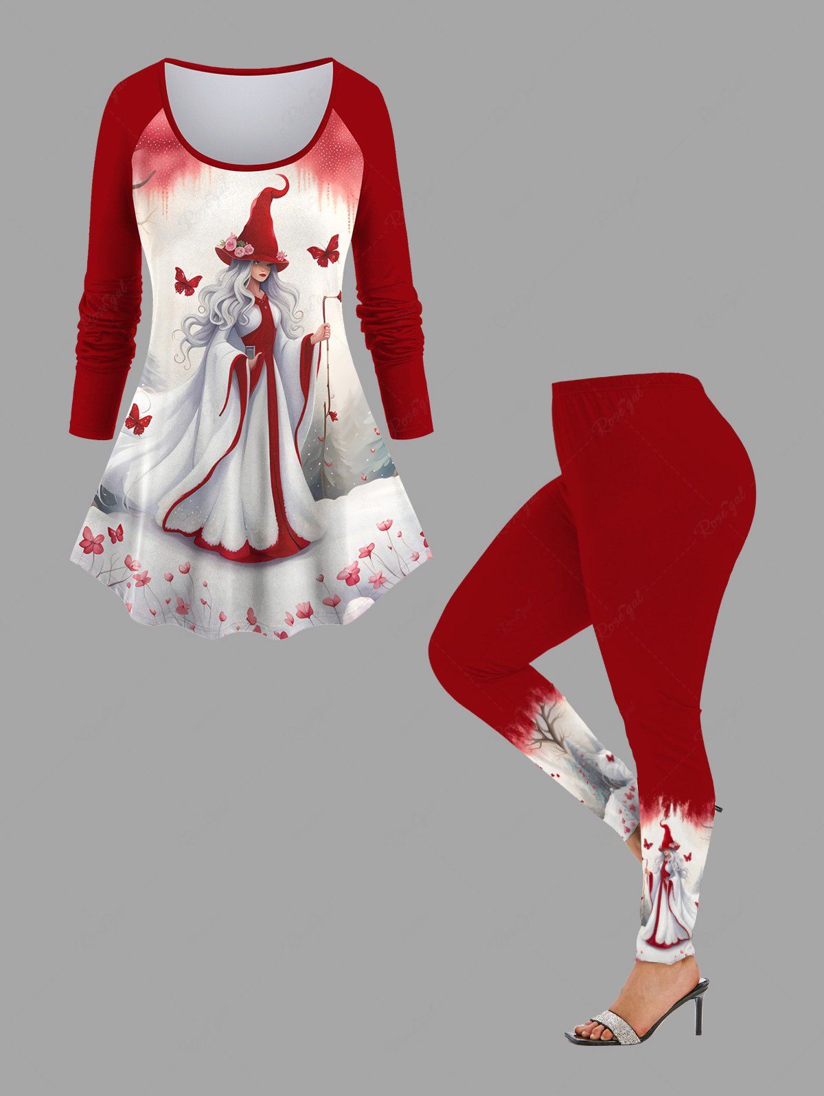Shop Christmas Tree Floral Butterfly Elf Print Long Sleeves T-shirt and Leggings Plus Size Matching Set  