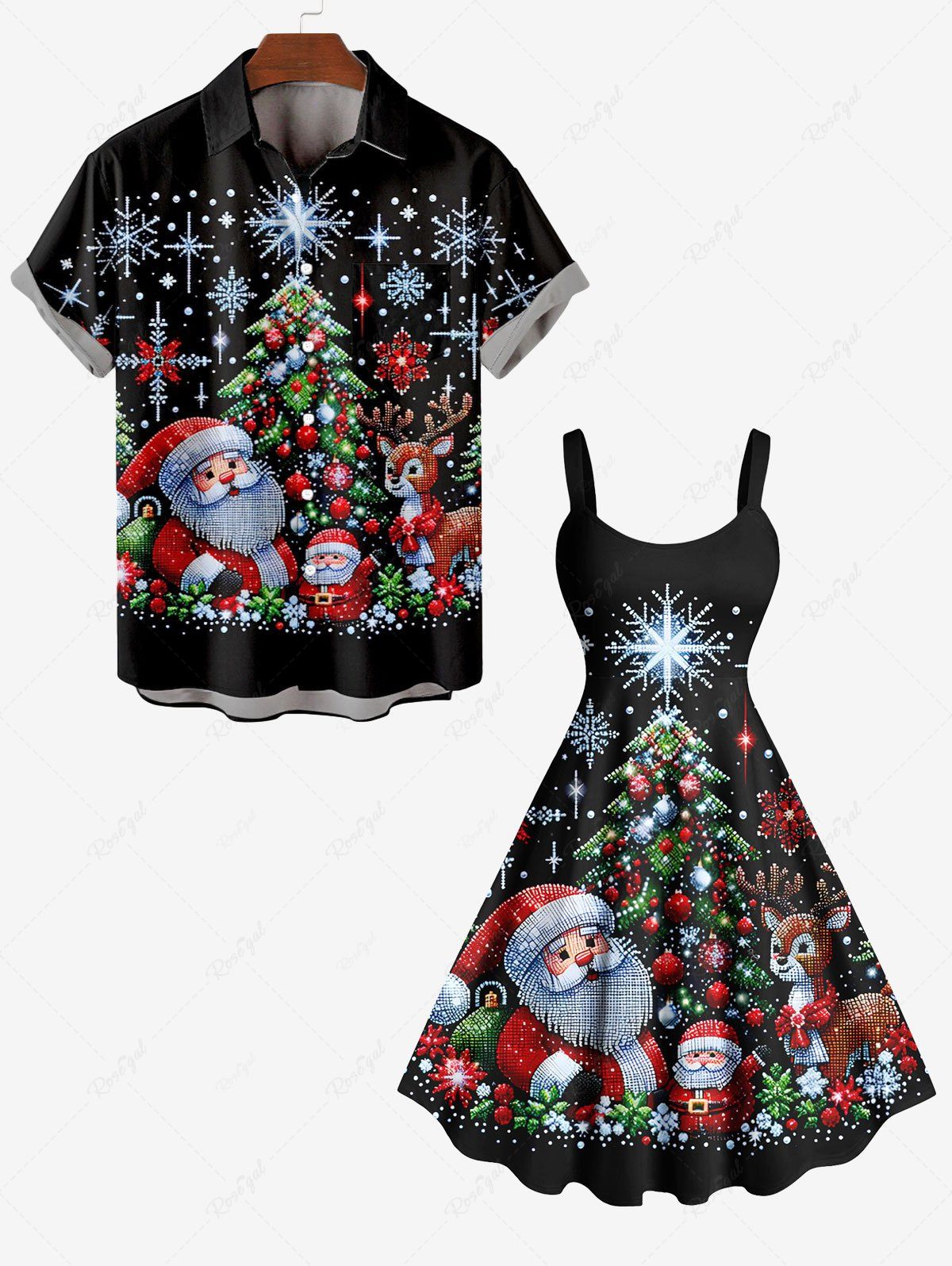 Ensemble Sapin de Noël Assortie Motif Flocons de Neige et Père Noël Grande-Taille pour Couples Noir 
