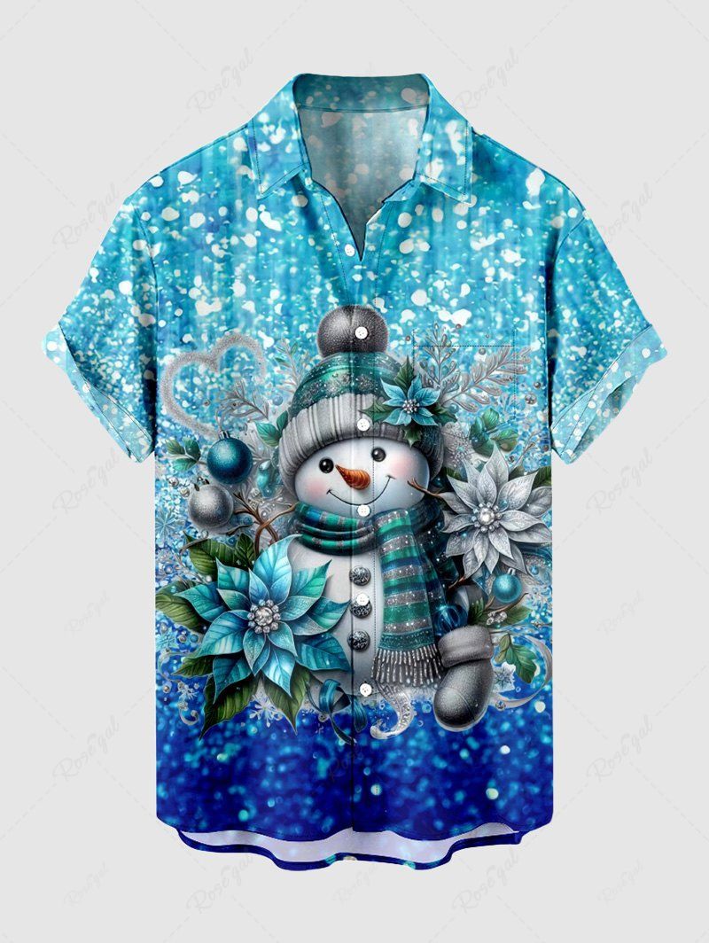 Chemise de Noël 3D Boule et Bonhomme de Neige Imprimés de Grande Taille à Paillettes avec Boutons Bleu L