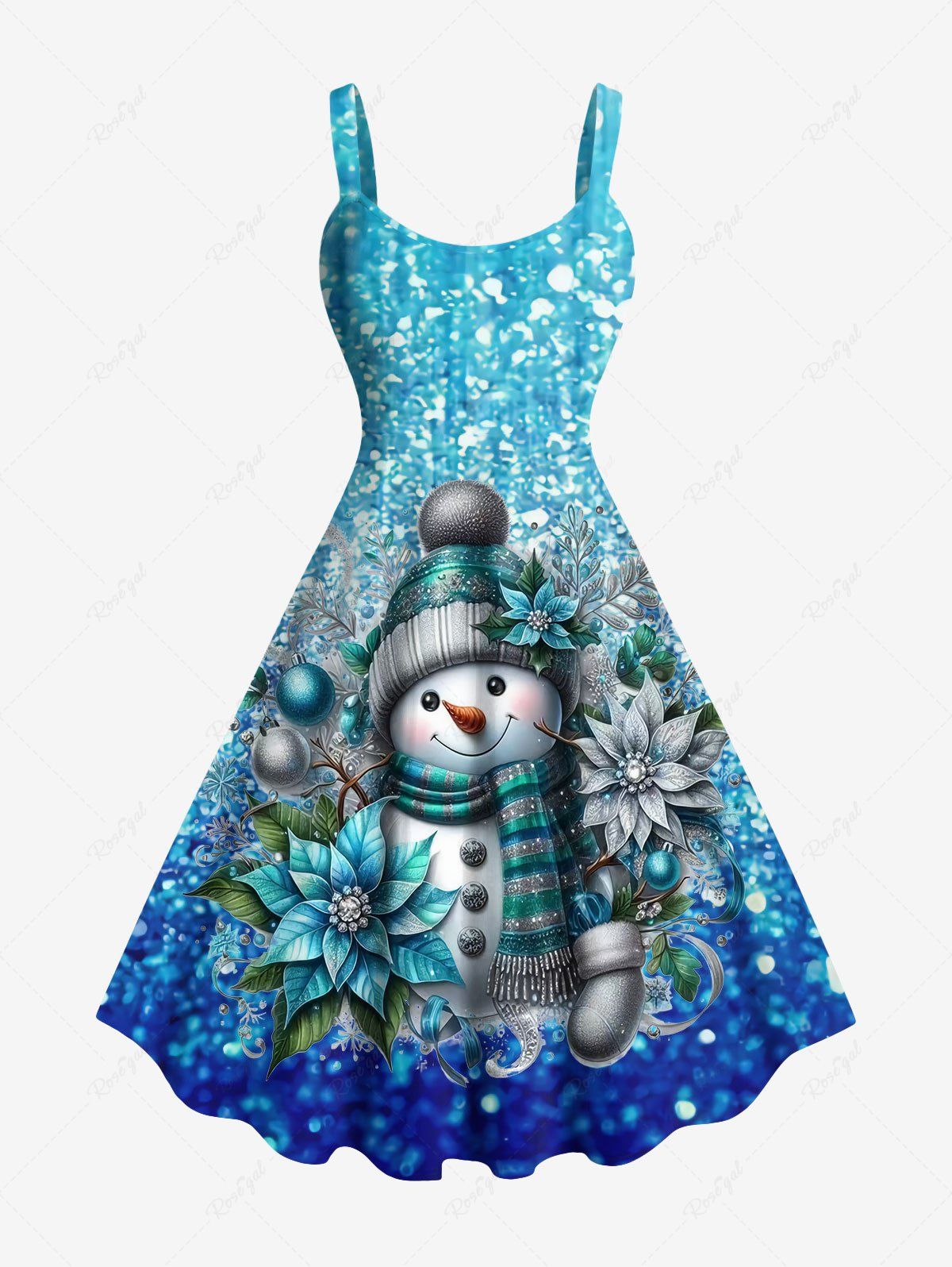Robe Brillante Imprimée Boule et Feuille de Noël et Bonhomme de Neige 3D Grande Taille Bleu Ciel M