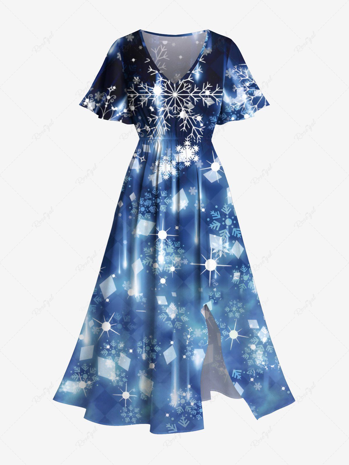 Robe Mi-Longue Fendue 3D Flocon de Neige de Noël Imprimé de Grande Taille à Paillettes Bleu Ciel 3X