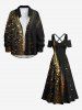 Maxi Robe de Noël Brillante 3D Etoile Imprimée à Epaule Dénudée de Grande Taille à Paillettes - Noir XS