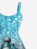 Robe Brillante Imprimée Boule et Feuille de Noël et Bonhomme de Neige 3D Grande Taille - Bleu Ciel M