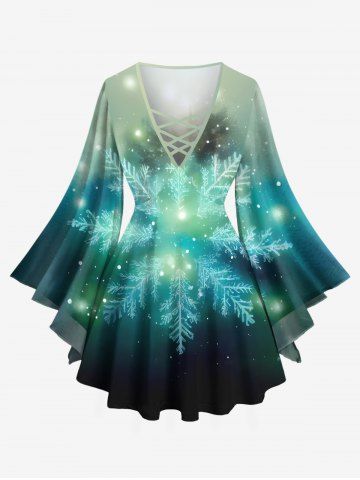 Plus Size Christmas Snowflake Galaxy Star Glitter 3D Print Lattice Crisscross Flare Sleeve T-shirt - GREEN - 1X