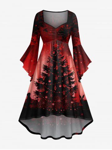 Plus Size Christmas Tree Elk Snowflake Forest Print Ombre Ruched High Low Asymmetric Dress - RED - XS