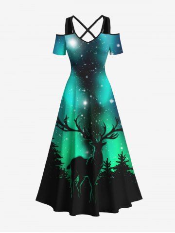 Maxi Robe Ligne A Etoile Sapin de Noël et Galaxie Imprimés Grande Taille à Paillettes - GREEN - XS