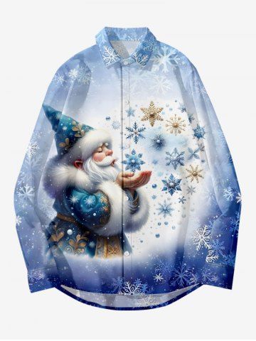 Plus Size Christmas Snowflake Santa Claus Print Ombre Button Long Sleeves Shirt For Men - BLUE - 7XL