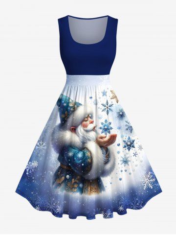 Plus Size Christmas Snowflake Santa Claus Print Ombre Vintage Swing A Line Dress - BLUE - S