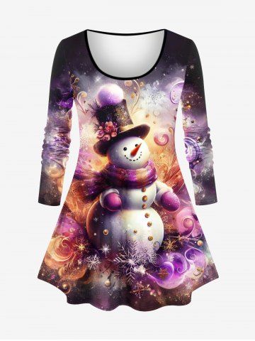 Plus Size Christmas Snowflake Snowman Tie Dye Ombre Floral Print Long Sleeves T-shirt - BLACK - 3X