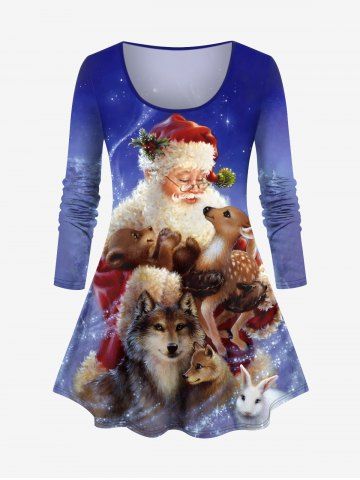 T-shirt Lapin Père Noël Sapin et Chien Imprimés de Grande Taille - BLUE - 1X