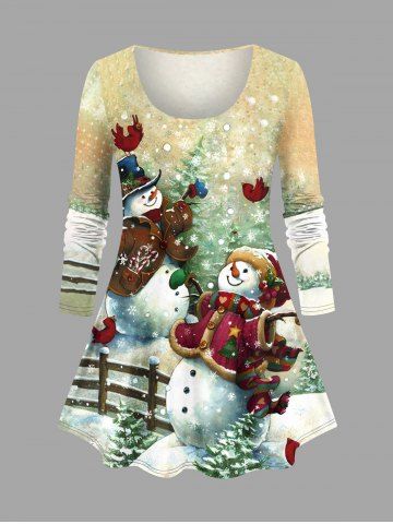 T-Shirt à Imprimé Bonhomme de Neige Sapin de Noël et Oiseaux Grande-Taille - BEIGE - 1X