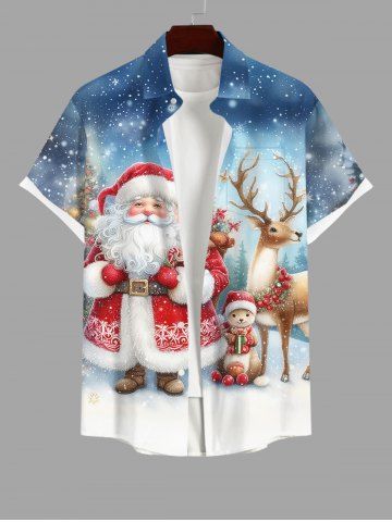 Plus Size Christmas Tree Santa Claus Elk Snowflake Print Buttons Pocket Shirt For Men - BLUE - S