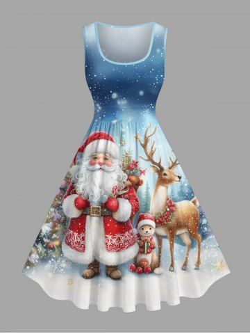 Plus Size Christmas Tree Santa Claus Elk Snowflake Print 1950s Vintage Dress - BLUE - L