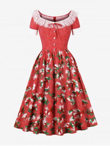 Bowknot Leaf Print Lace Trim Neck Tie Buttons Vintage Dress - RED - M