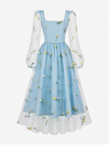 Square Neck Flowers Embroidery Mesh Long Sleeve Vintage Dress - BLUE - S