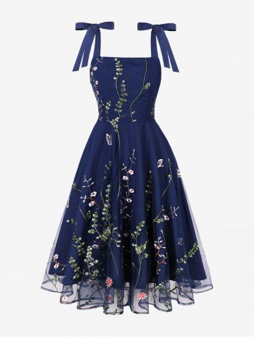 Flowers Leaf Embroidery Mesh Bowknot Tie Vintage Tank Dress - BLUE - S