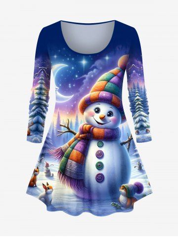 Plus Size Christmas Tree Snowman Moon Star Rabbit Squirrel Print T-shirt - PURPLE - 3X