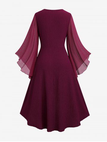 Plus Size Ruched Lace Up Mesh Bell Sleeves Textured Split Dress