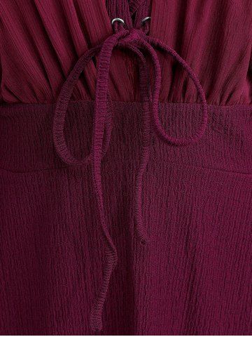 Plus Size Ruched Lace Up Mesh Bell Sleeves Textured Split Dress