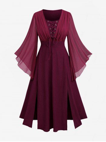 Plus Size Ruched Lace Up Mesh Bell Sleeves Textured Split Dress - DEEP RED - 5X | US 30-32