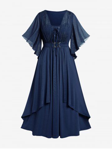 Plus Size Lace Up Buckle Grommet Layered Butterfly Sleeve Dress - DEEP BLUE - L | US 12