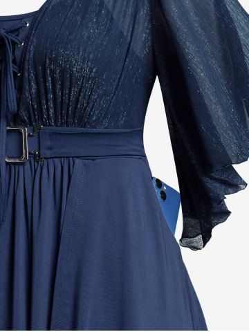 Plus Size Lace Up Buckle Grommet Layered Butterfly Sleeve Dress