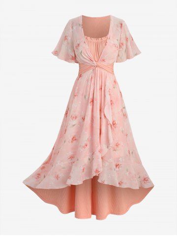 Plus Size Flowers Leaf Print Ruffles Ruched Twist Lettuce Hem High Low Dress - LIGHT ORANGE - 2X | US 18-20