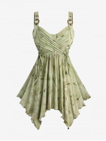 Plus Size Lightning Tie Dye Print Surplice Ruched Ruffles Lace Up Grommets Buckle Asymmetrical Tank Top - GREEN - 4X | US 26-28