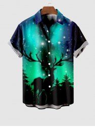 Plus Size Christmas Tree Elk Glitter Stars Ombre Galaxy Print Button Pocket Shirt For Men -  