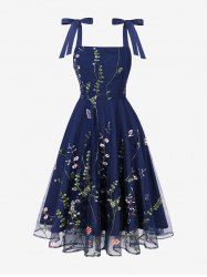 Flowers Leaf Embroidery Mesh Bowknot Tie Vintage Tank Dress -  