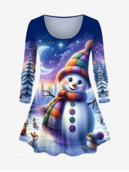 Plus Size Christmas Tree Snowman Moon Star Rabbit Squirrel Print T-shirt -  