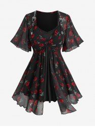 Plus Size Floral Leaf Printed Twist PU Strap Buckle Grommet Layered 2 in 1 Blouse -  