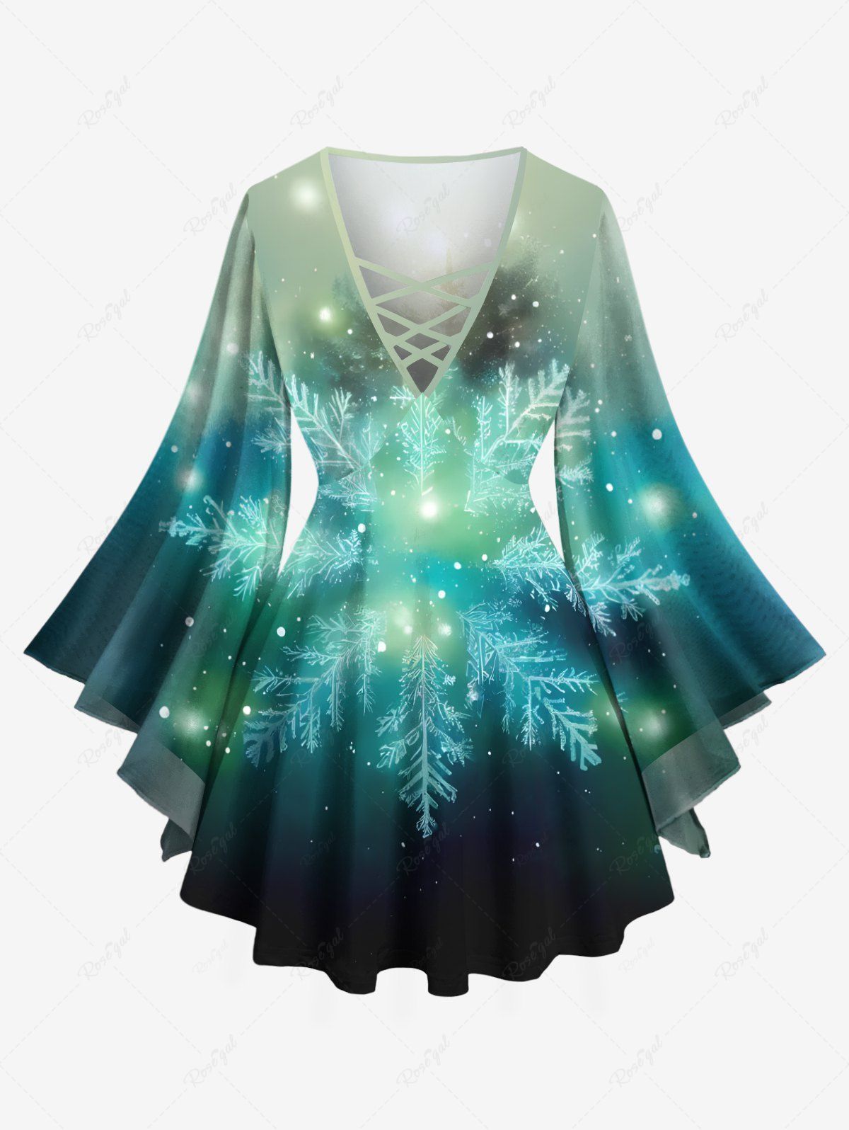 Fashion Plus Size Christmas Snowflake Galaxy Star Glitter 3D Print Lattice Crisscross Flare Sleeve T-shirt  