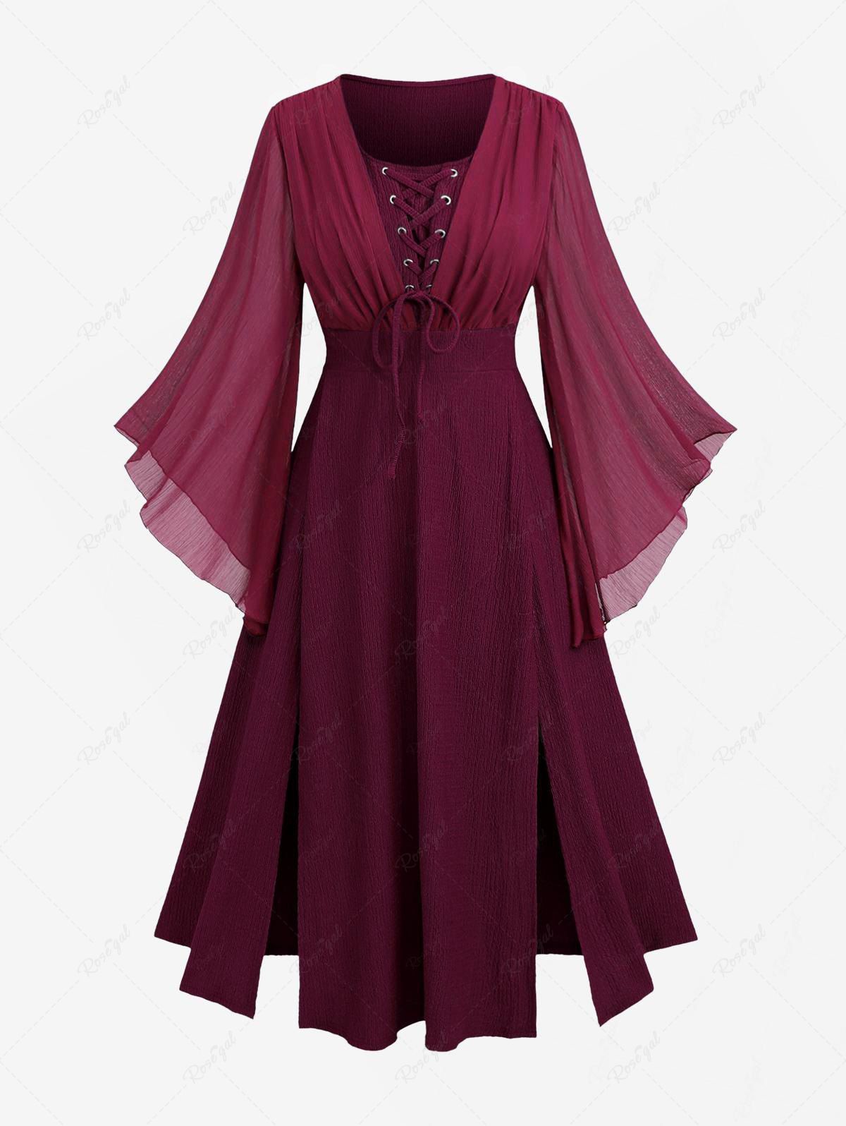 Unique Plus Size Ruched Lace Up Mesh Bell Sleeves Textured Split Dress  