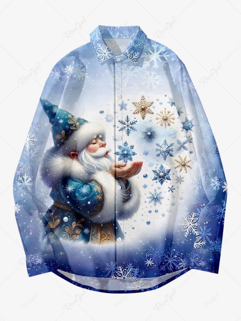 Chemise Manches Longues à Imprimé Flocons de Neige et Père Noël Grande-Taille pour Hommes Bleu 2XL