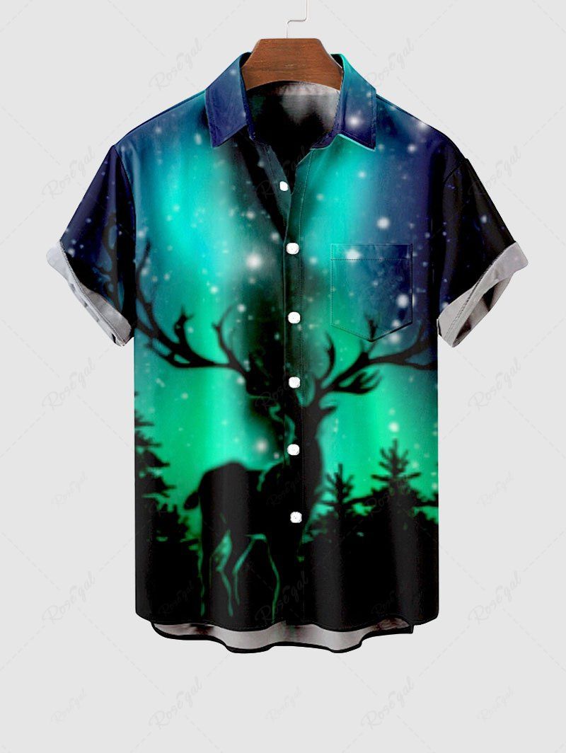 Chemise Boutonnée Etoile Sapin de Noël et Galaxie Imprimés Grande Taille avec Poche Jointive Noir 2XL