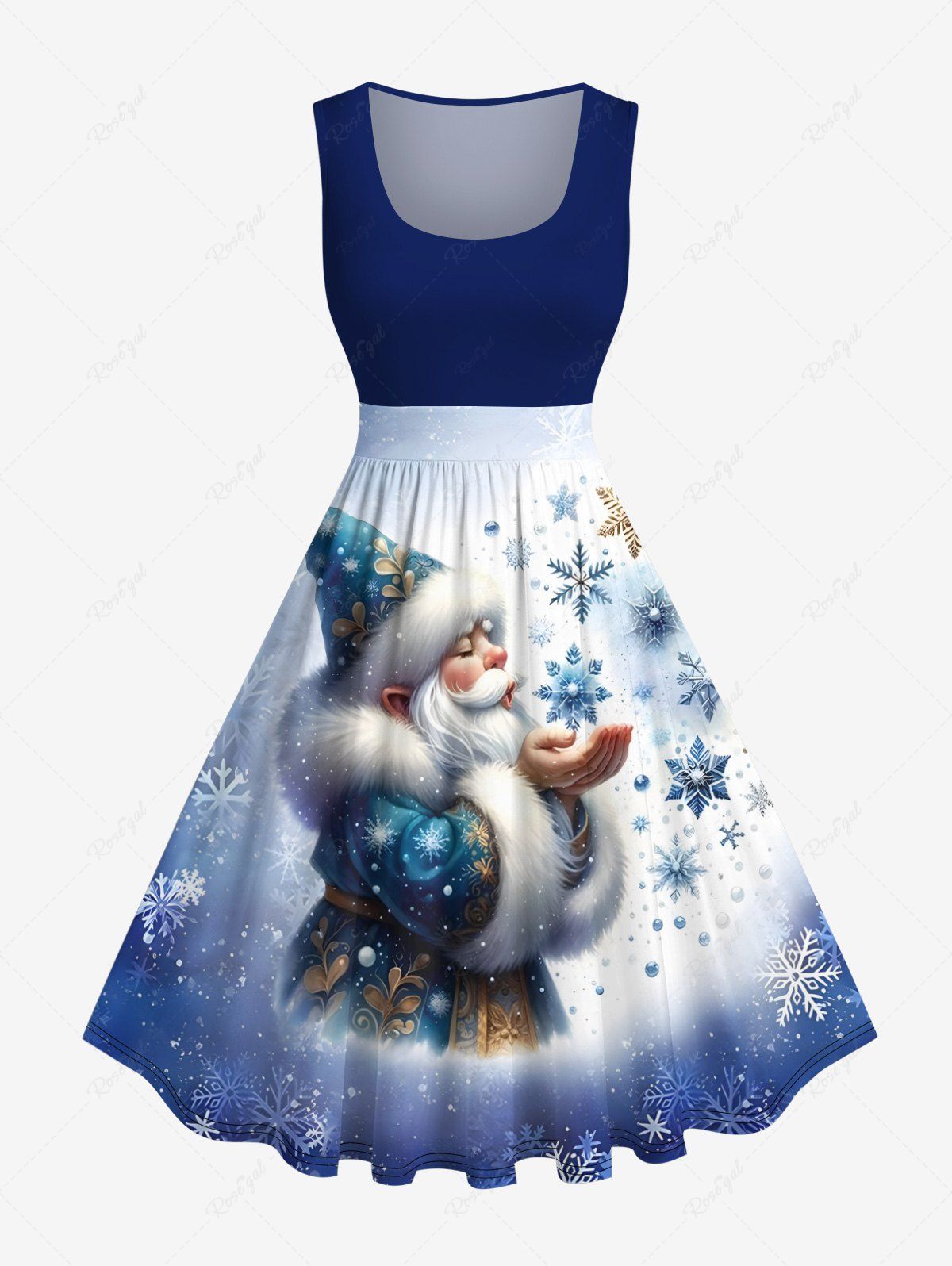 Robe de Noël Trapèze Ligne A Ombré Père Noël et Flocon de Neige Imprimés de Grande Taille Bleu 3X