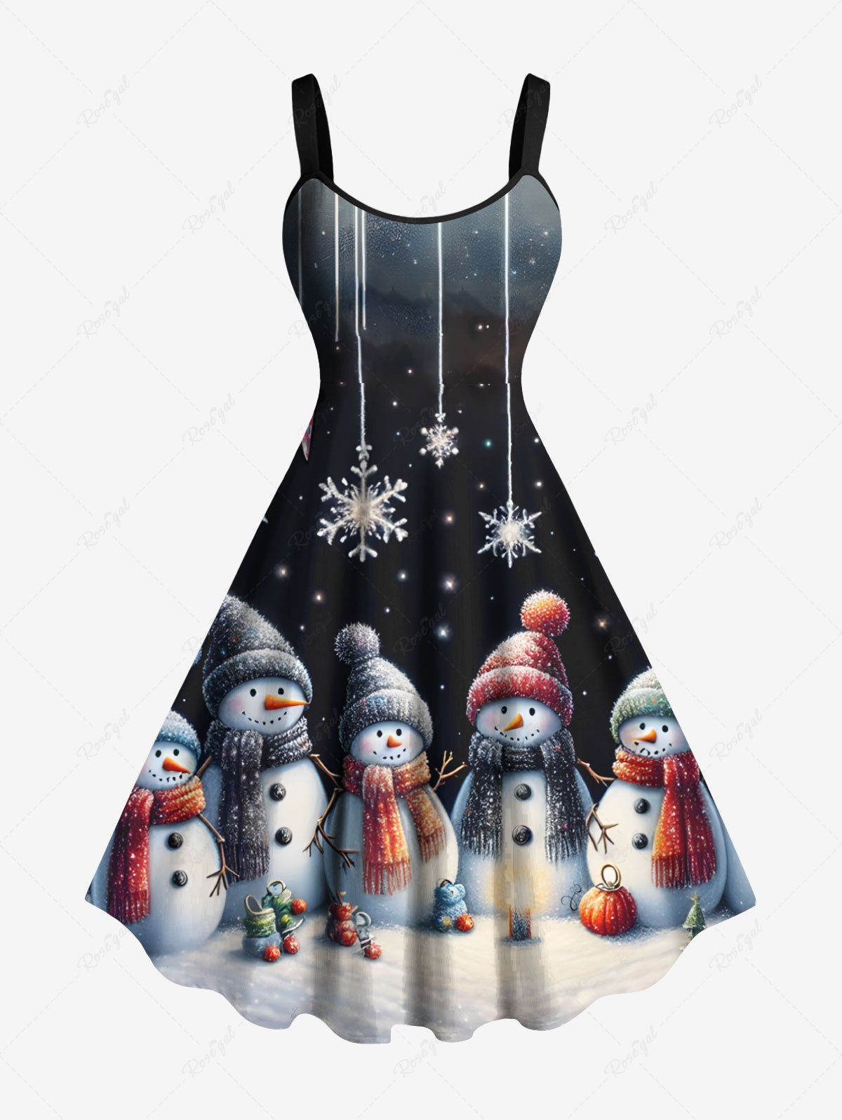 Robe Ligne A Bonhomme de Neige Galaxie et Flocon de Neige Imprimés de Grande Taille à Paillettes Noir 3X