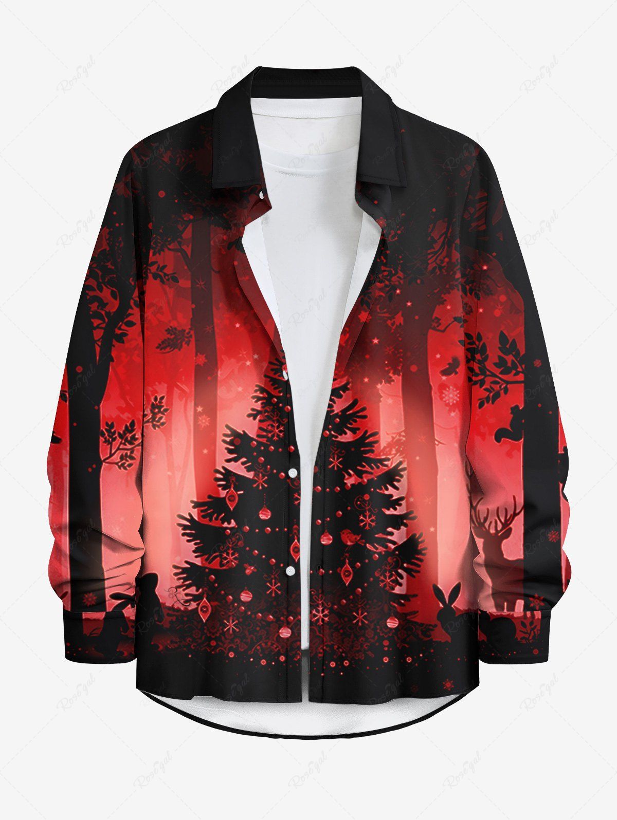Chemise Manches Longues à Imprimé Élans Sapins de Noël et Flocons de Neige Grande-Taille pour Hommes Rouge 5XL