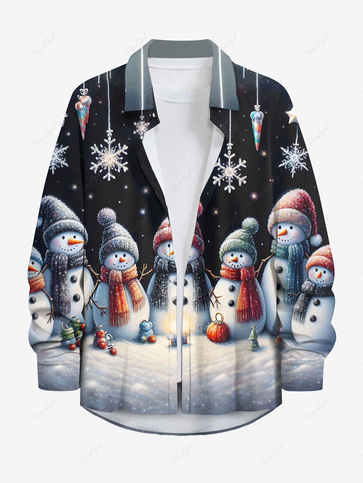Chemise Boutonnée Imprimé Élément de Noël à Manches Longues Grande Taille Noir 5XL