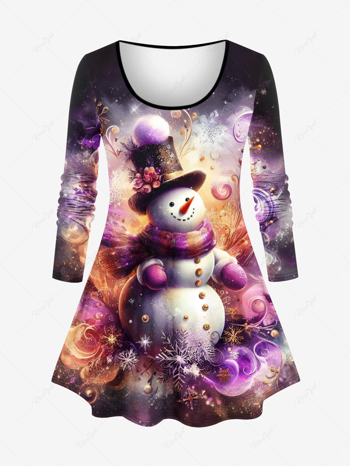 Fashion Plus Size Christmas Snowflake Snowman Tie Dye Ombre Floral Print Long Sleeves T-shirt  