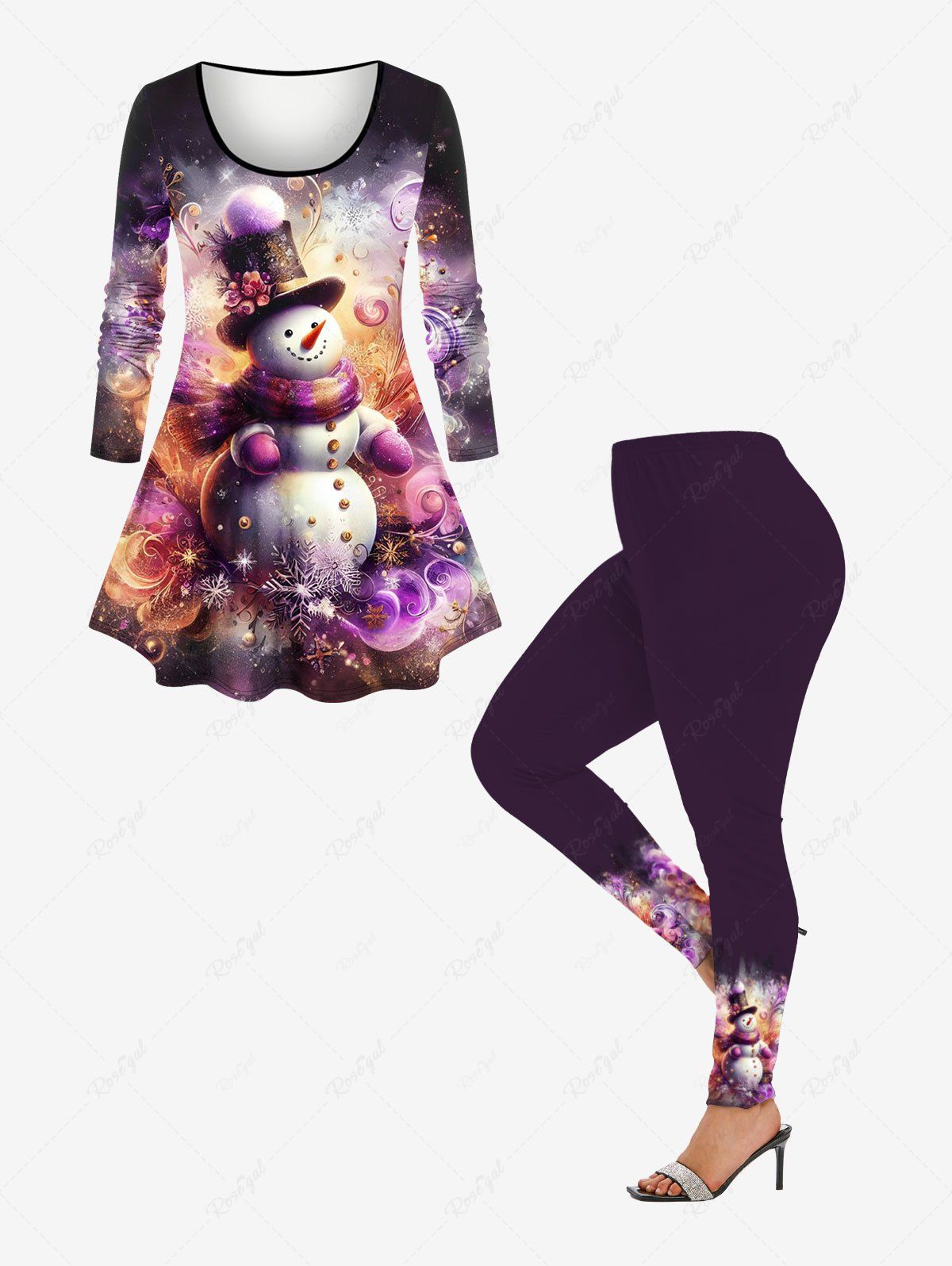 Shops Christmas Snowflake Snowman Tie Dye Ombre Floral Print Long Sleeves T-shirt and Leggings Plus Size Matching Set  