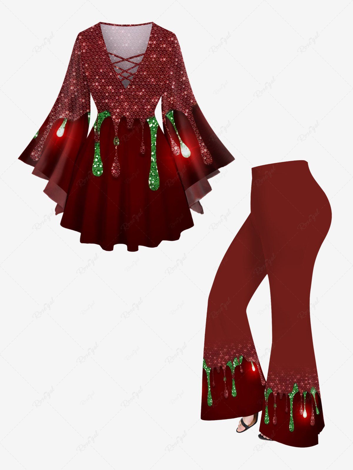 Sale Christmas Glitter Sparkling Paint Drop Sequins Print Lattice Long Sleeves T-shirt and Flare Pants Plus Size Matching Set  