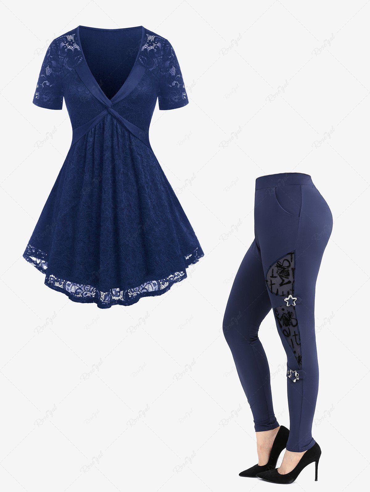 Fashion Front Twist Lace Panel Tee and Flocking Mesh Leggings Plus Size Outfit  